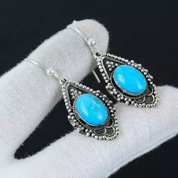 Серьги из натурального бирюзового камня «Спящая красавица», серьги из стерлингового серебра 925 пробы, серьги-подвески из серебра ручной работы в стиле бохо, пасхальные подарки 1.96 синий