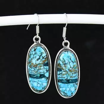 Серьги из натурального бирюзового камня, антикварные серьги из стерлингового серебра 925 пробы, серьги-подвески из серебра в стиле бохо, подарки на день рождения, подарки для нее 5.5 Cm синий