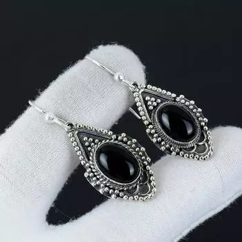 Серьги из натурального черного оникса, серьги из стерлингового серебра 925 пробы, серьги-подвески ручной работы в стиле бохо, свадебные подарки 1.96 чёрный