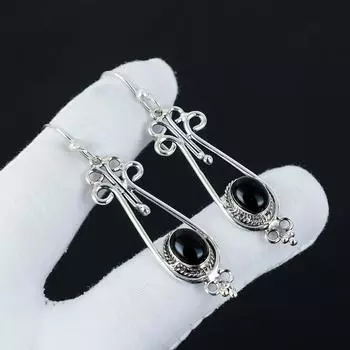Серьги из натурального черного оникса, серьги из стерлингового серебра 925 пробы, серьги-подвески из серебра ручной работы в стиле бохо, подарки на День матери 2.55 чёрный
