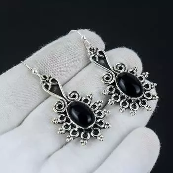 Серьги из натурального черного оникса с драгоценным камнем, овальные серьги с драгоценными камнями Серьги из стерлингового серебра 925 пробы, серьги с черным ониксом и камнем, женские серьги 2.36 чёрный