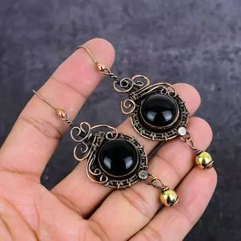 Серьги из натурального черного оникса ручной работы из медной проволоки 3,23 дюйма T9A78