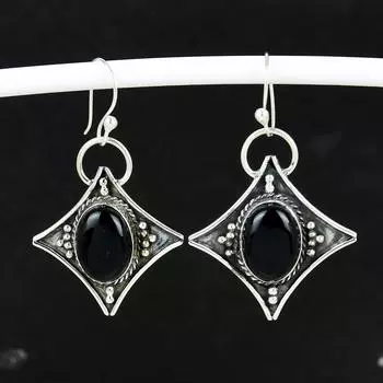 Серьги из натурального черного оникса, старинные серьги из стерлингового серебра 925 пробы, серьги-подвески из серебра в стиле бохо, подарки на день рождения, подарки для нее 4 Cm чёрный