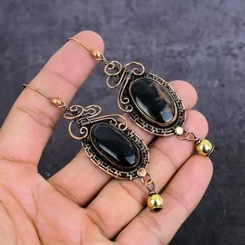 Серьги из натурального черного тигрового глаза с медной проволокой 3,55 дюйма G9G21