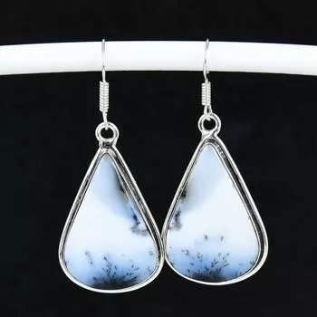 Серьги из натурального дендрита и опала, старинные серьги из стерлингового серебра 925 пробы, серьги-подвески из серебра в стиле бохо, подарки на день рождения, подарки для нее 5.5 Cm белый