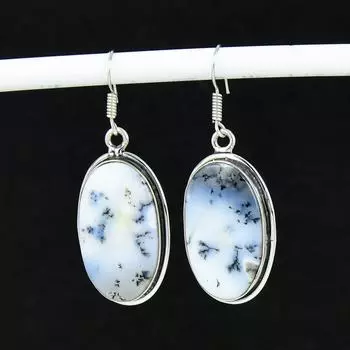 Серьги из натурального дендрита и опала, старинные серьги из стерлингового серебра 925 пробы, серьги-подвески из серебра в стиле бохо, подарки для вечеринок, подарки для нее 5.5 Cm белый