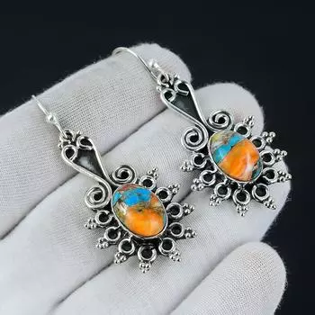 Серьги из натурального драгоценного камня Spiny Oyster, овальные серьги, серьги из стерлингового серебра 925 пробы, серьги с камнем из колючей устрицы, женские серьги для подарков 2.36 оранжевый