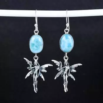 Серьги из натурального драгоценного камня Ларимар, старинные серьги из стерлингового серебра 925 пробы, серьги-подвески из серебра в стиле бохо, подарки на день рождения, подарки для нее 2.95 синий