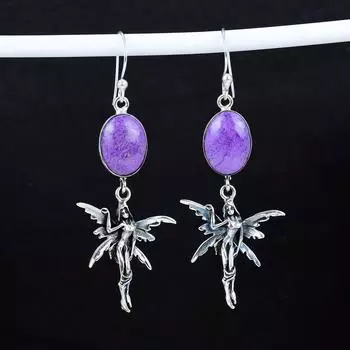 Серьги из натурального драгоценного камня пурпурит, старинные серьги из стерлингового серебра 925 пробы, серьги-подвески из серебра в стиле бохо, подарки для ваты, подарки для нее 2.95 фиолетовый