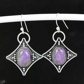 Серьги из натурального драгоценного камня пурпурит, старинные серьги из стерлингового серебра 925 пробы, серьги-подвески из серебра в стиле бохо, подарки на день рождения, подарки для нее 4 Cm фиолетовый