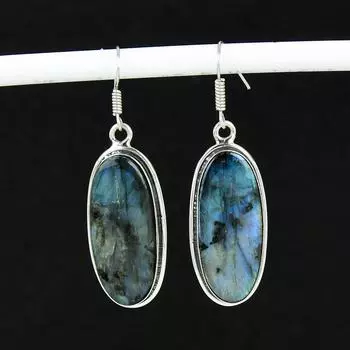Серьги из натурального драгоценного камня лабрадорит, старинные серьги из стерлингового серебра 925 пробы, серьги-подвески из серебра в стиле бохо, подарки на день рождения, подарки для нее 5.5 Cm синий