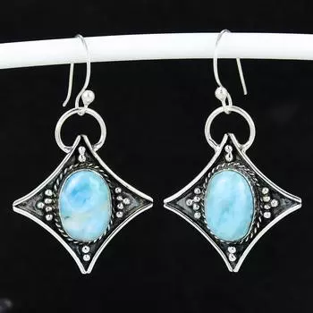 Серьги из натурального драгоценного камня Ларимар, старинные серьги из стерлингового серебра 925 пробы, серьги-подвески из серебра в стиле бохо, подарки на день рождения, подарки для нее 4 Cm синий