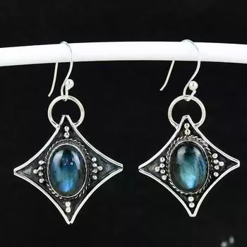 Серьги из натурального драгоценного камня лабрадорит, старинные серьги из стерлингового серебра 925 пробы, серьги-подвески из серебра в стиле бохо, подарки на день рождения, подарки для нее 4 Cm синий
