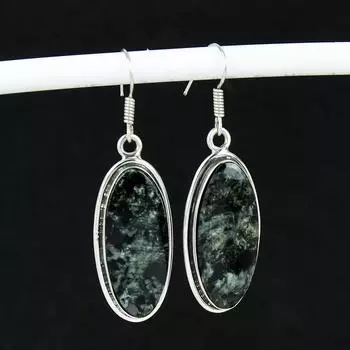 Серьги из натурального драгоценного камня Ларвикит, старинные серьги из стерлингового серебра 925 пробы, серьги-подвески из серебра в стиле бохо, подарки для вечеринок, подарки для нее 5.5 Cm чёрный