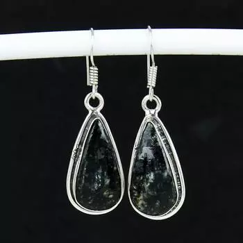 Серьги из натурального драгоценного камня Ларвикит, старинные серьги из стерлингового серебра 925 пробы, серьги-подвески из серебра в стиле бохо, подарки на день рождения, подарки для нее 5.5 Cm чёрный