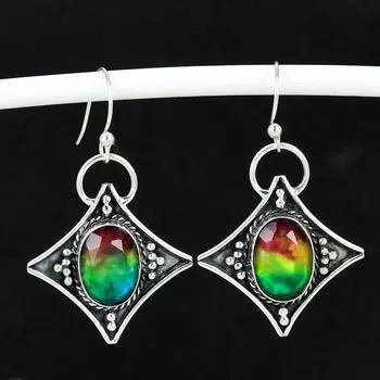 Серьги из натурального драгоценного камня аммолит, старинные серьги из стерлингового серебра 925 пробы, серьги-подвески из серебра в стиле бохо, подарки на день рождения, подарки для нее 4 Cm зелёный