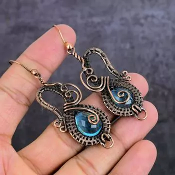 Серьги из натурального голубого топаза ручной работы из медной проволоки 3,03 дюйма U2M71