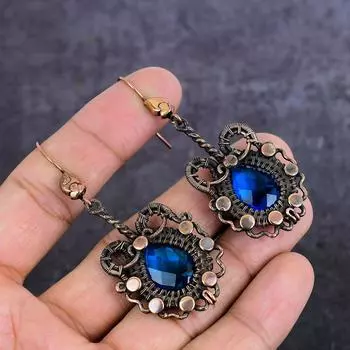 Серьги из натурального голубого топаза ручной работы из медной проволоки 2,68 дюйма L7W14