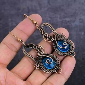 Серьги из натурального голубого топаза ручной работы из медной проволоки 2,99 дюйма r0i18