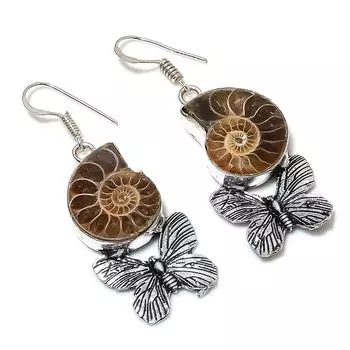 Серьги из натурального ископаемого драгоценного камня аммонита ручной работы из стерлингового серебра 925 пробы 2,17 дюйма W6s29