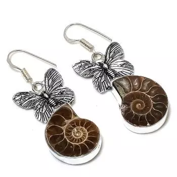 Серьги из натурального ископаемого драгоценного камня аммонита ручной работы из стерлингового серебра 925 пробы 2,17 дюйма B1R90