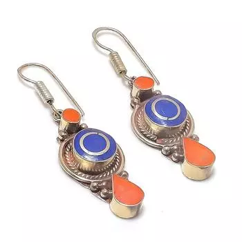 Серьги из натурального итальянского красного коралла, лазурита, стерлингового серебра 925 пробы, 2,17 дюйма Y1m93