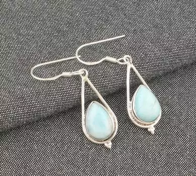 Серьги из натурального камня ларимар, женские длинные висячие серьги, серебро 925 пробы, подарок на помолвку, дизайнерские серьги, ювелирные изделия ручной работы
