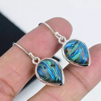 Серьги из натурального камня Радужный Кальцит, Серьги из стерлингового серебра 925 пробы, Серьги-подвески ручной работы в стиле бохо, Подарок на день рождения 1.77 синий