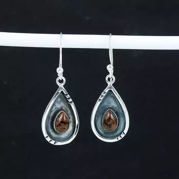 Серьги из натурального красного дерева с обсидианом, серьги из стерлингового серебра 925 пробы, серьги-подвески из серебра ручной работы в стиле бохо, подарок на день рождения 1.77 коричневый