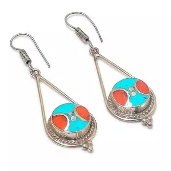 Серьги из натурального красного коралла и бирюзы из стерлингового серебра 925 пробы 2,56 дюйма P2a02