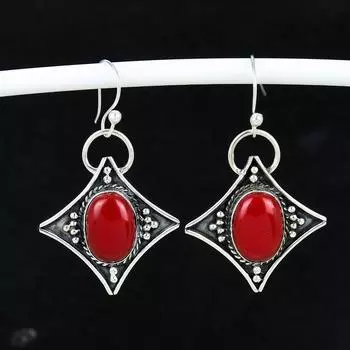 Серьги из натурального красного коралла, старинные серьги из стерлингового серебра 925 пробы, серьги-подвески из серебра в стиле бохо, подарки для ваты, подарки для нее 4 Cm красный
