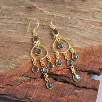 Серьги из натурального лабрадорита, лунного камня, сердолика, 100% стерлингового серебра 925 пробы, с покрытием из желтого золота синий