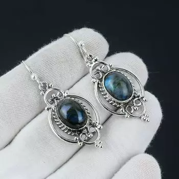 Серьги из натурального лабрадорита, серебряные серьги с лабрадоритом, серьги с овальным камнем, серьги из стерлингового серебра 925 пробы, серьги с драгоценными камнями, серьги с подвесками 2.16 синий