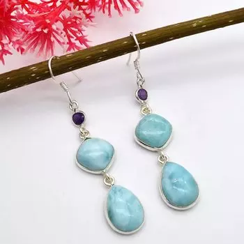 Серьги из натурального ларимара с аметистом, серьги из стерлингового серебра 925 пробы, серьги в стиле бохо, дизайнерские серьги ручной работы