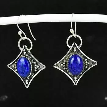 Серьги из натурального лазурита, антикварные серьги из стерлингового серебра 925 пробы, серьги-подвески из серебра в стиле бохо, подарки на помолвку, подарки для нее 4 Cm синий
