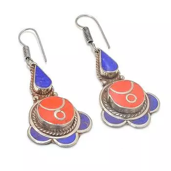 Серьги из натурального лазурита и коралла из стерлингового серебра 925 пробы 2,40 дюйма Y0R01