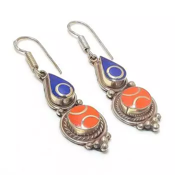 Серьги из натурального лазурита и коралла из стерлингового серебра 925 пробы 2,36 дюйма f3W83
