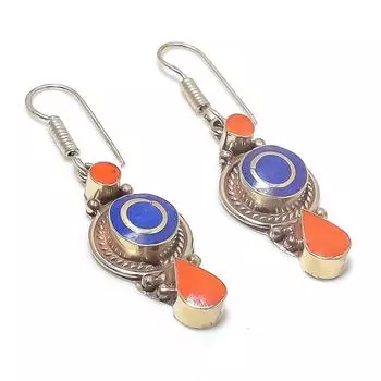 Серьги из натурального лазурита и коралла из стерлингового серебра 925 пробы 2,21 дюйма V8t43