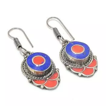 Серьги из натурального лазурита и коралла из стерлингового серебра 925 пробы 1,97 дюйма i8f26