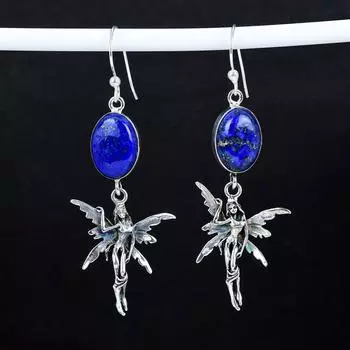 Серьги из натурального лазурита, старинные серьги из стерлингового серебра 925 пробы, серьги-подвески из серебра в стиле бохо, подарки для ваты, подарки для нее 2.95 синий