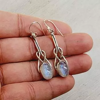 Серьги из натурального лунного камня, серьги ручной работы, серебряные серьги, серьги с драгоценными камнями, ювелирные изделия ручной работы, элегантные серьги, подарок для женщин Free Size синий