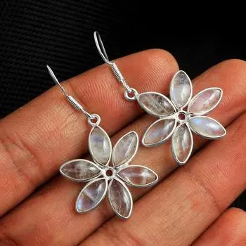 Серьги из натурального лунного камня, Ювелирные изделия из камня, Серебряные серьги, Ювелирные изделия ручной работы, Серебро 925 пробы, Серьги с подвесками белый