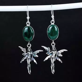 Серьги из натурального малахита, старинные серьги из стерлингового серебра 925 пробы, серьги-подвески из серебра в стиле бохо, подарки на день рождения, подарки для нее 2.95 зелёный