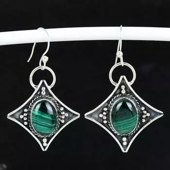 Серьги из натурального малахита, старинные серьги из стерлингового серебра 925 пробы, серьги-подвески из серебра в стиле бохо, подарки на день рождения, подарки для нее 4 Cm зелёный