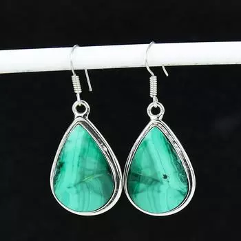 Серьги из натурального малахита, старинные серьги из стерлингового серебра 925 пробы, серьги-подвески из серебра в стиле бохо, подарки для вечеринок, подарки для нее 5.5 Cm зелёный