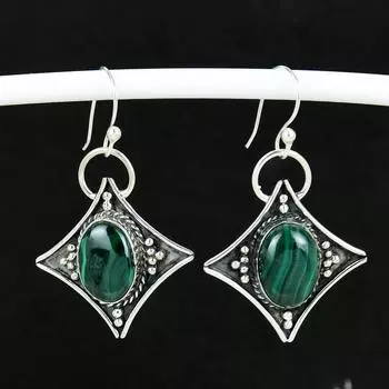 Серьги из натурального малахита, старинные серьги из стерлингового серебра 925 пробы, серьги-подвески из серебра в стиле бохо, подарки для вечеринок, подарки для нее 4 Cm зелёный