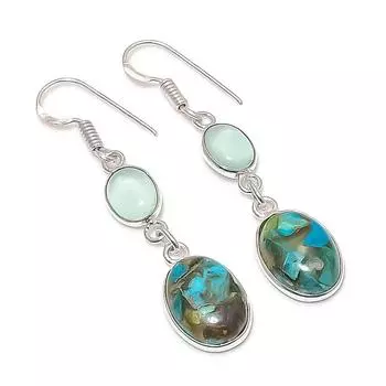 Серьги из натурального медного хризоколла, халцедона, стерлингового серебра 925 пробы, 1,97 дюйма, l8E08
