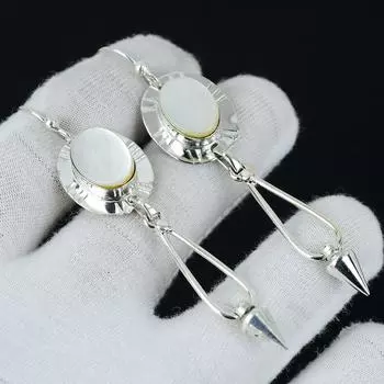 Серьги из натурального перламутра, серебряные серьги, овальные серьги с драгоценными камнями, серьги из стерлингового серебра 925 пробы, натуральный драгоценный камень, серьги для медитации 3.14 белый