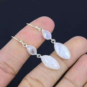 Серьги из натурального радужного лунного камня, серебро 925 пробы, серьги в форме маркизы, висячие серьги ручной работы, ювелирные изделия на День святого Валентина белый