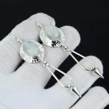 Серьги из натурального радужного лунного камня, серебряные серьги, овальные серьги с драгоценными камнями, серьги из стерлингового серебра 925 пробы, натуральный драгоценный камень, серьги для медитации 71171990 белый